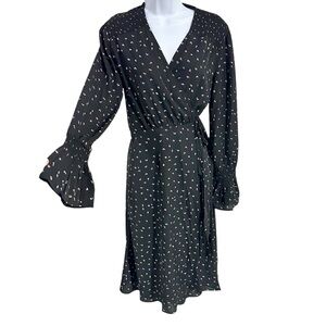 Bishop + Young Black Floral Petal Print Bell Long Sleeve Wrap Midi Dress Small